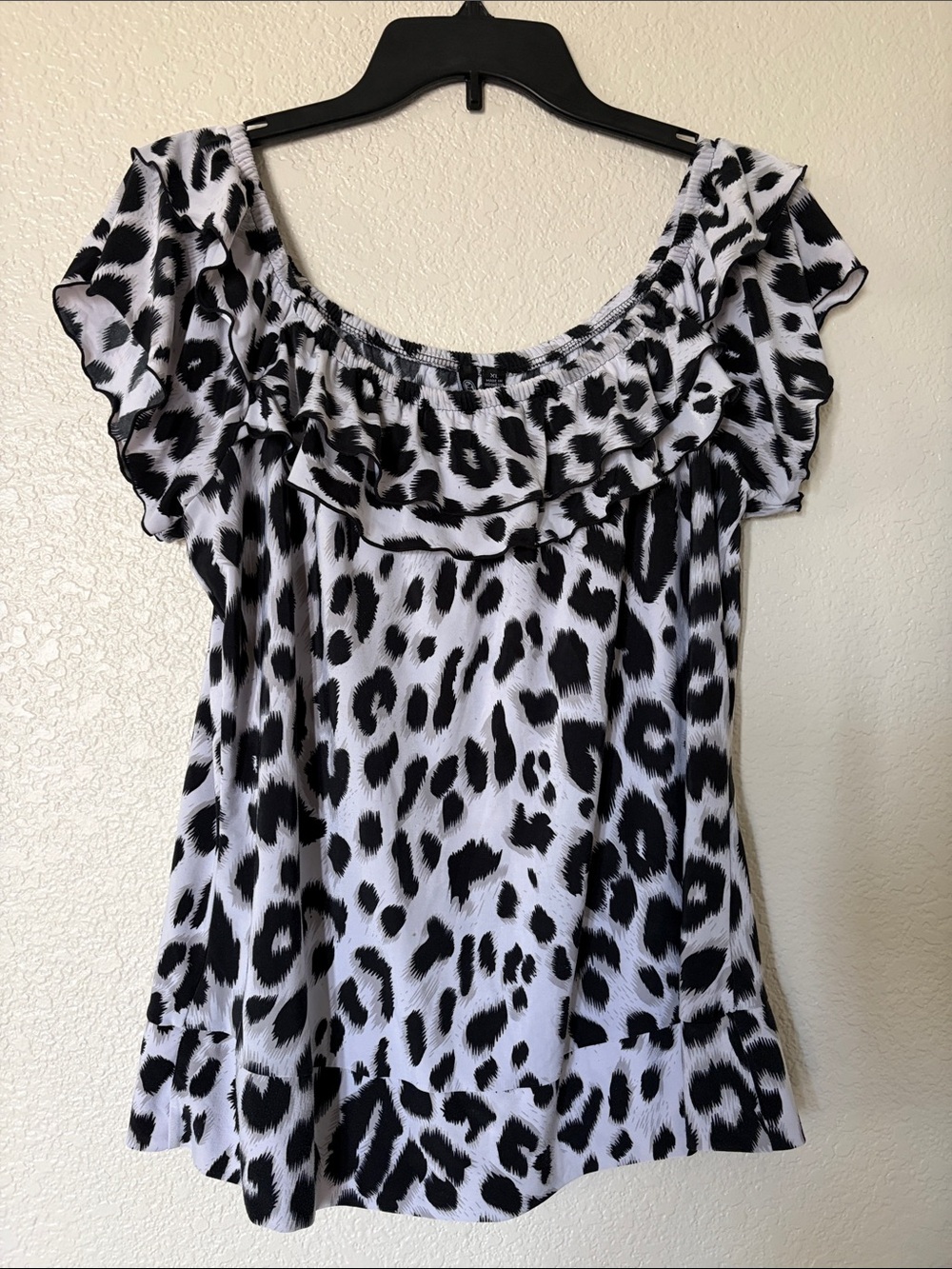 Milano Black & White Leopard Off-Shoulder Ruffle Blouse